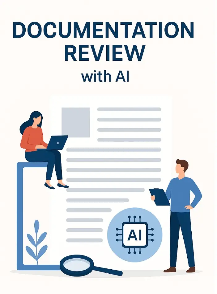 Illustration of AI-powered documentation review showing professionals using technology to analyze documents, representing HIPAA-compliant AI for chart and legal review.